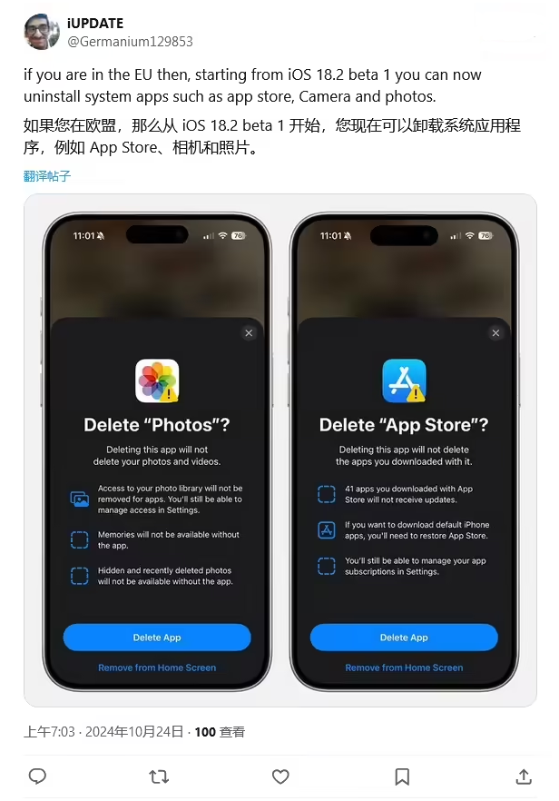 军垦路街道苹果手机维修分享iOS 18.2 支持删除 App Store 应用商店 